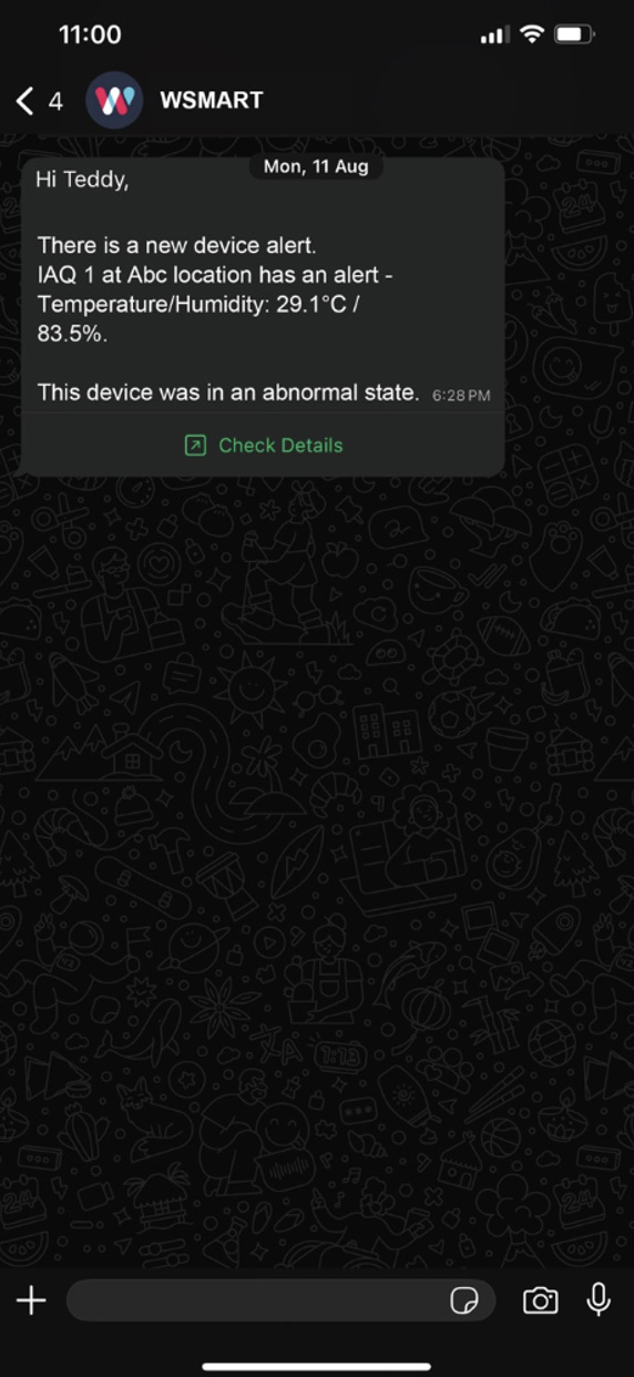 WhatsApp chat from WSMART with device alert details and Check Details link