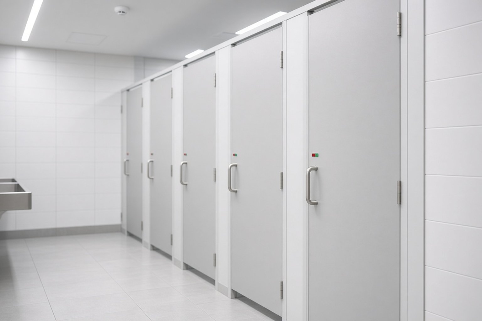 Modern commercial restroom stalls with occupancy indicators