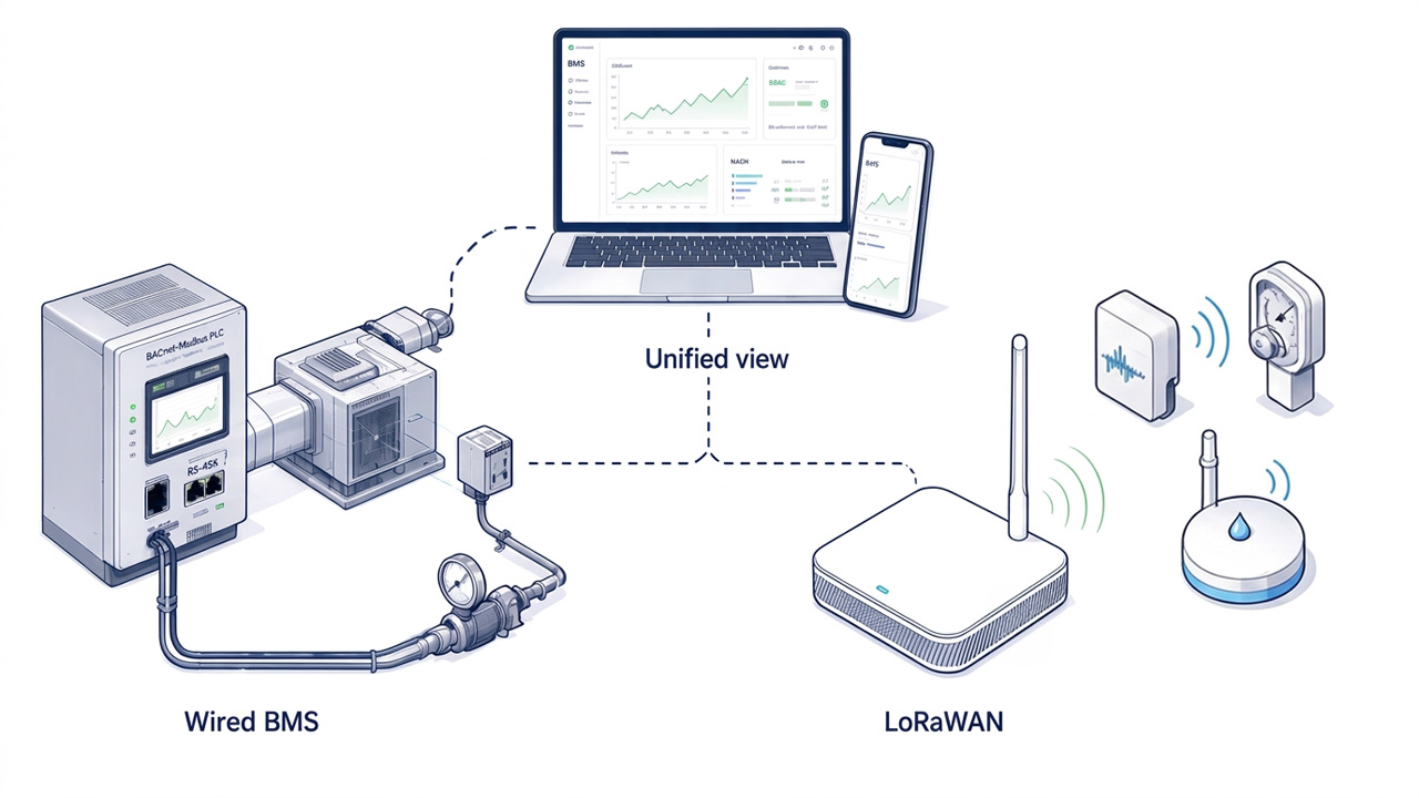 Building management hybrid: wired BMS with cables, LoRaWAN wireless sensors, unified WSmart platform