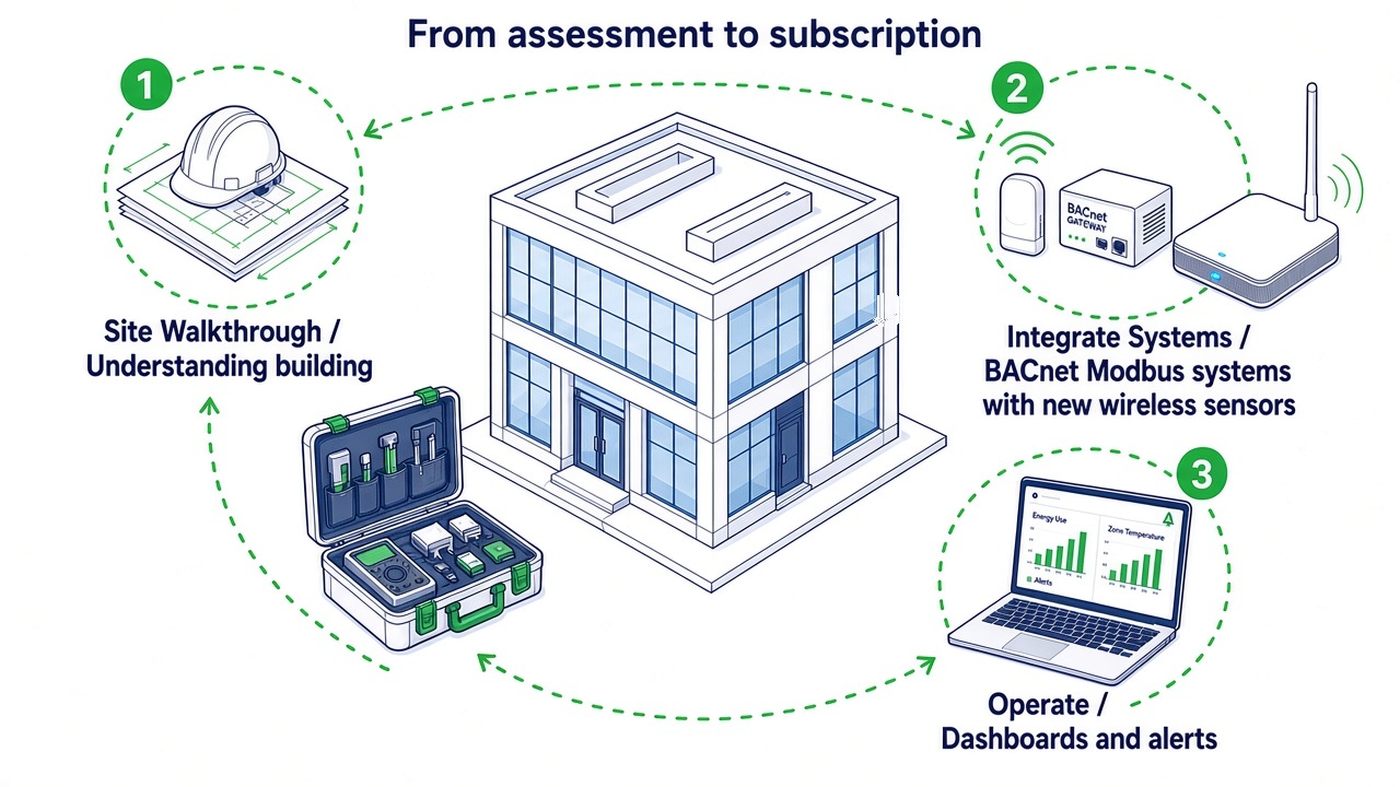Three-step delivery: site walkthrough, integrate BACnet/Modbus and LoRaWAN wireless, operate with dashboards and alerts