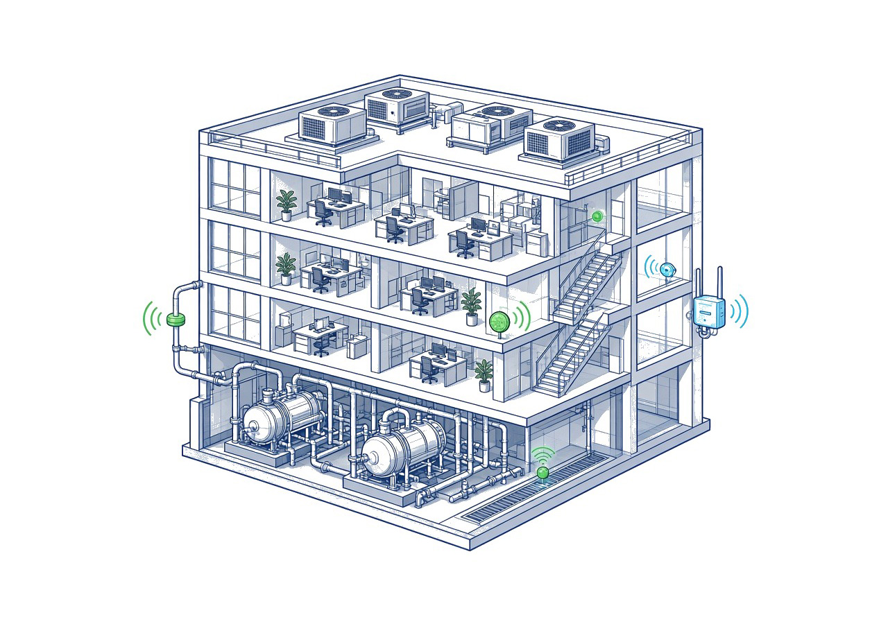 Property monitoring Info — building cutaway with wireless sensors to the operating layer
