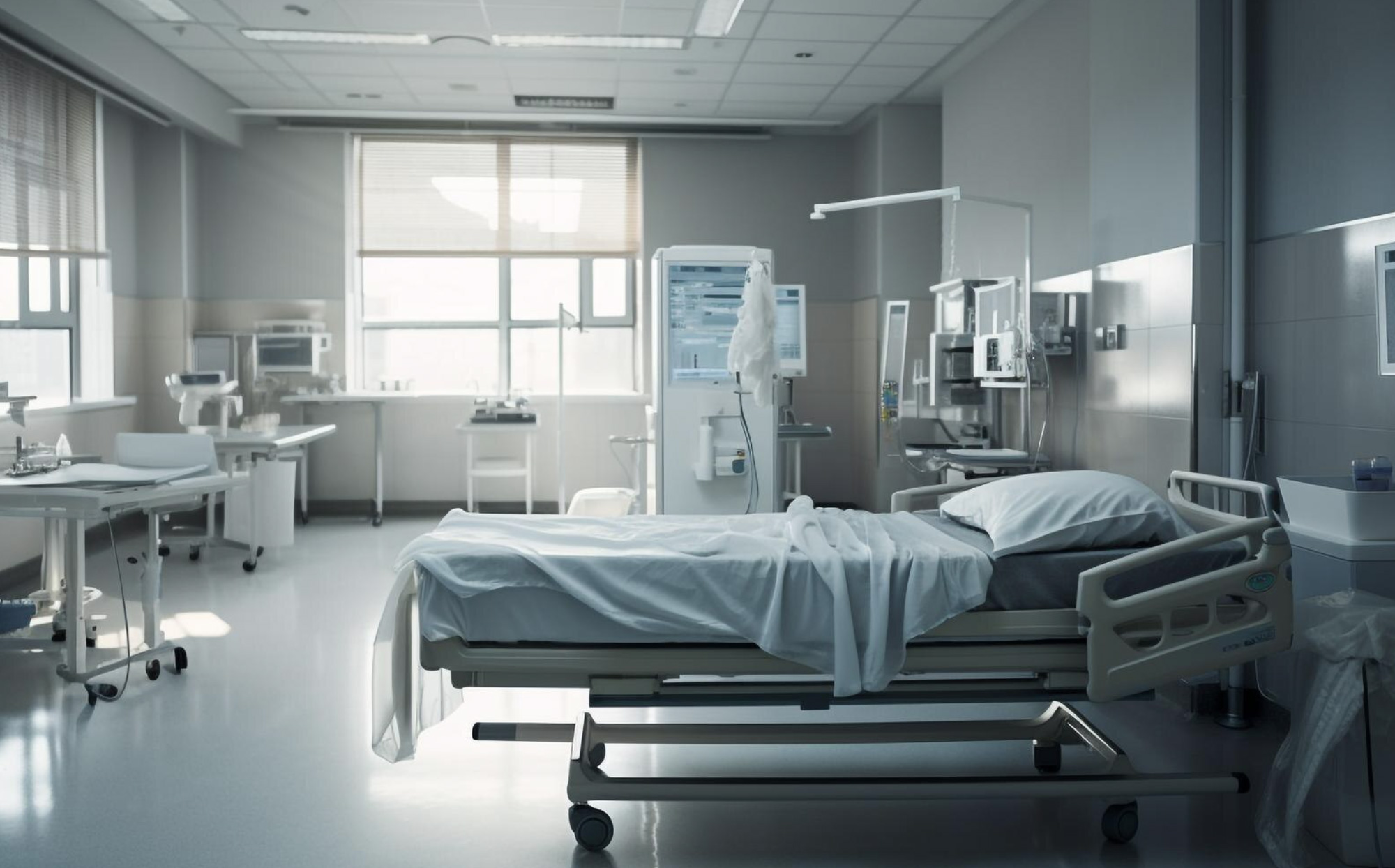 Bilik hospital moden kosong dengan katil pesakit dan peralatan pemantauan tepi katil