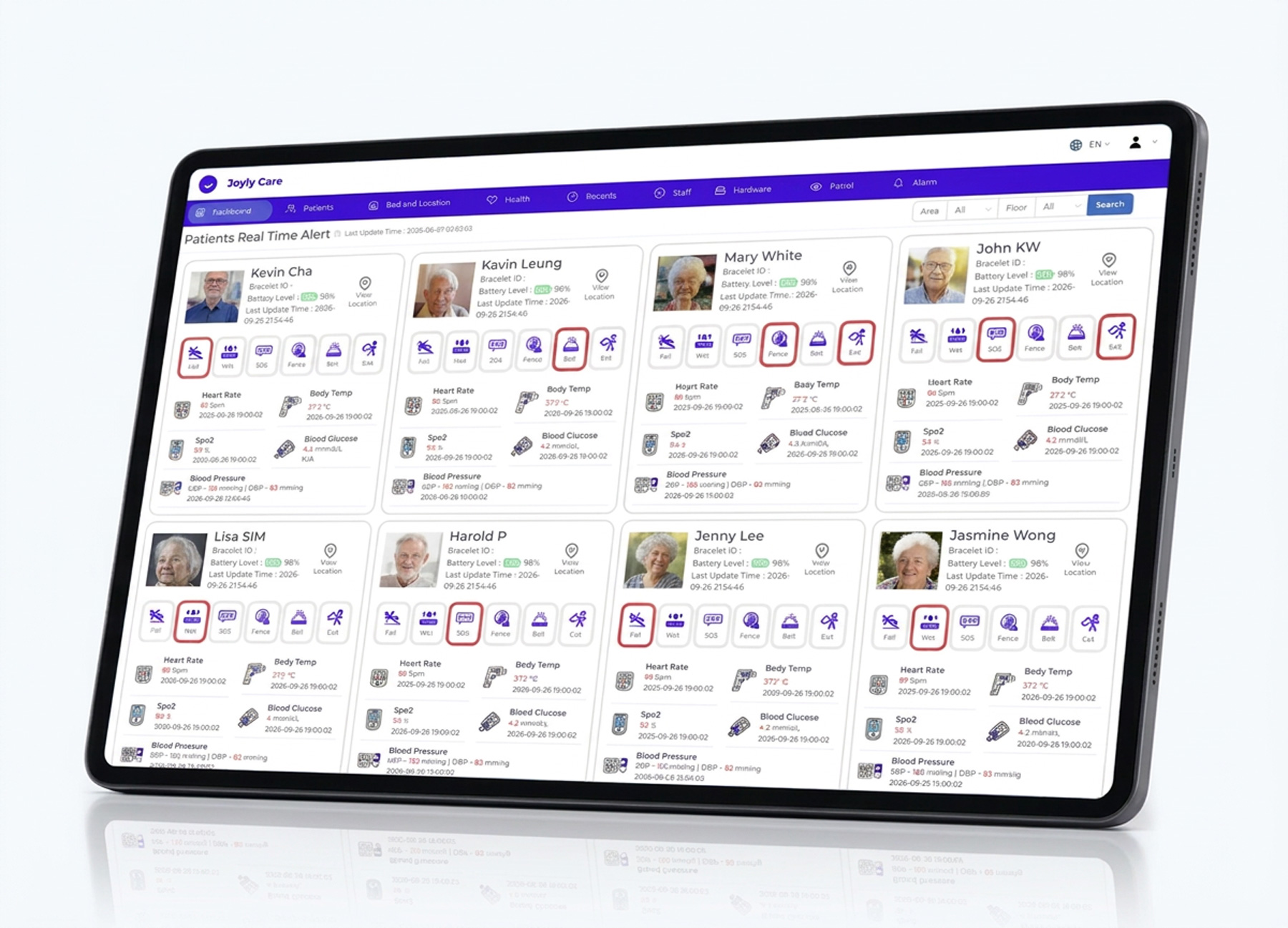 Joyly Care tablet dashboard showing real-time patient vitals and alert status