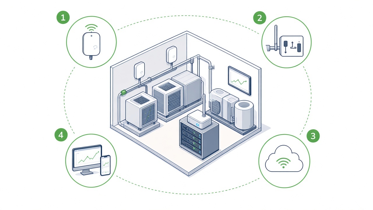 Four-layer stack from sensors and gateways to cloud and dashboards