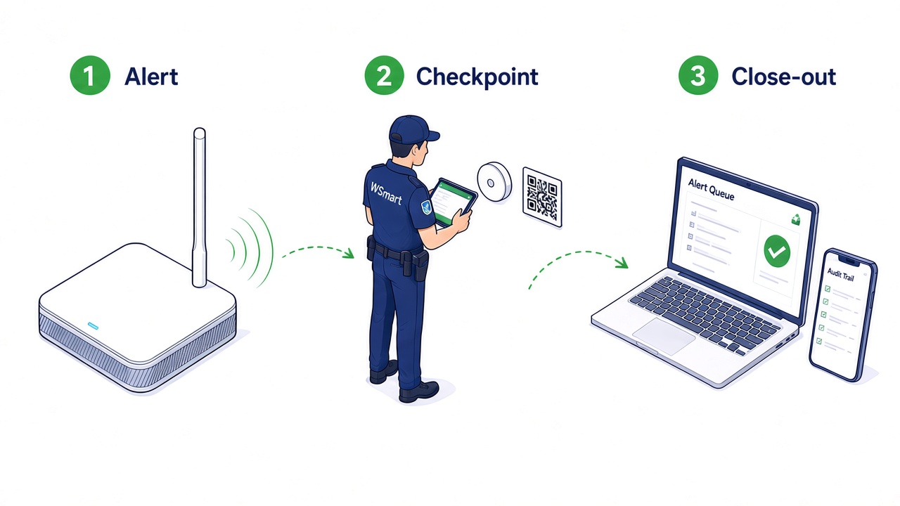 WSmart patrol workflow — alert, checkpoint visit with wall iBeacon and QR, close-out audit trail