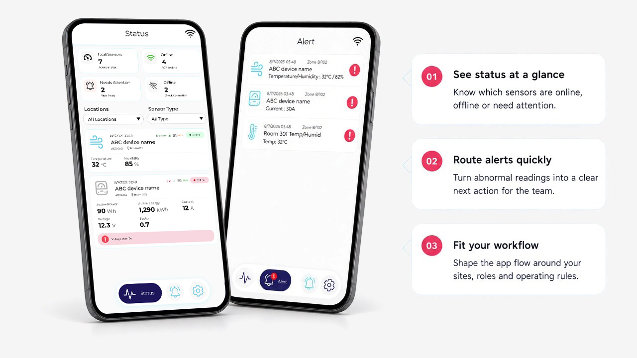 Aplikasi mudah alih WSmart di telefon — status lapangan dan amaran (UI ilustratif)