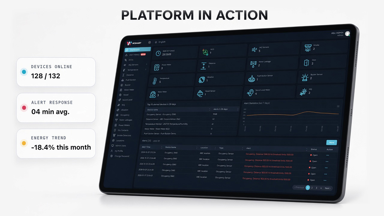 Papan pemuka platform WSmart pada tablet — gambaran keseluruhan, status kesihatan peranti dan amaran (UI ilustratif)