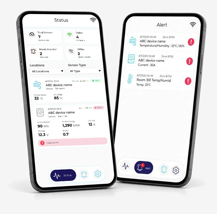 WSmart mobile app on phones — status and alert views side by side (illustrative UI)