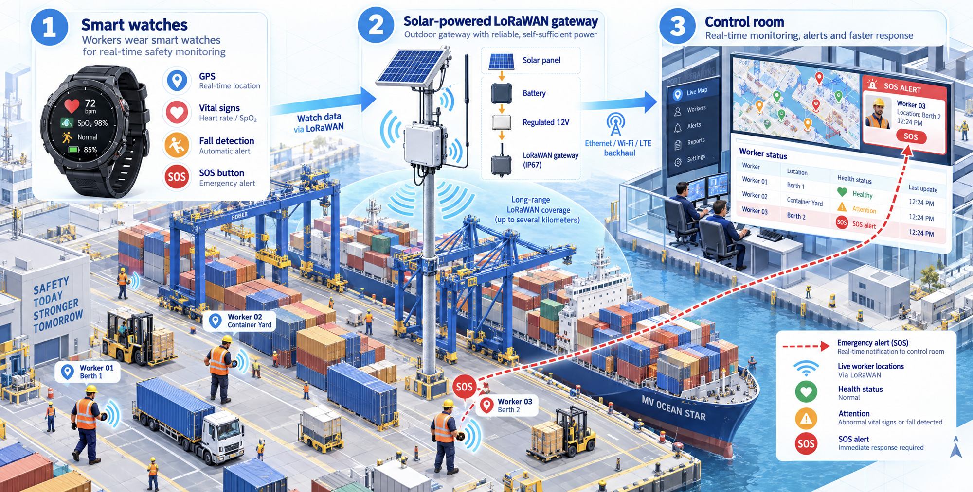 Port worker safety: smartwatches via solar LoRaWAN gateway to a control-room SOS map