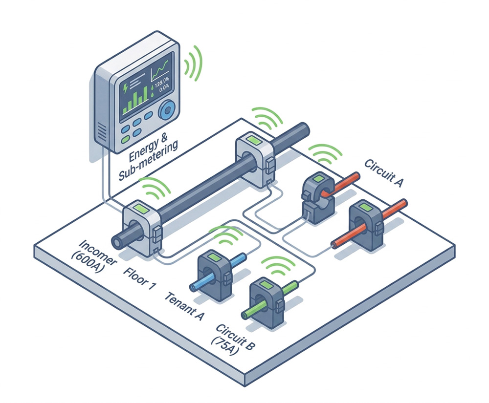 Clamp-on energy sub-meters on incomer and branch circuits with a wireless meter display