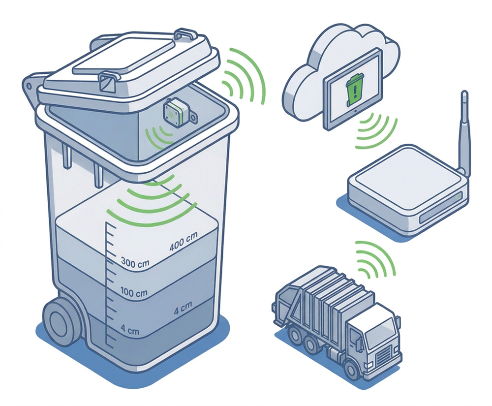Smart bin fill-level sensor linked by gateway to a cloud dashboard and collection truck