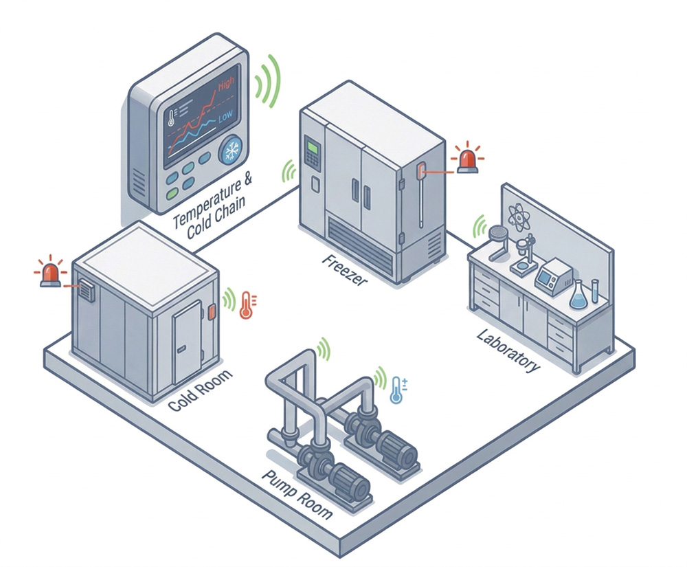 Temperature sensors across cold room, freezer, lab and pump room with high/low alerts