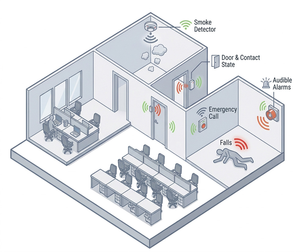 Office safety sensors for smoke, door contacts, fall detection, call button and siren